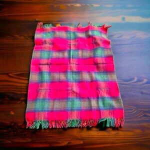 Vtg Scottish Glen Check Wool England Made Red Green Blanket Scarf Throw 46x35”